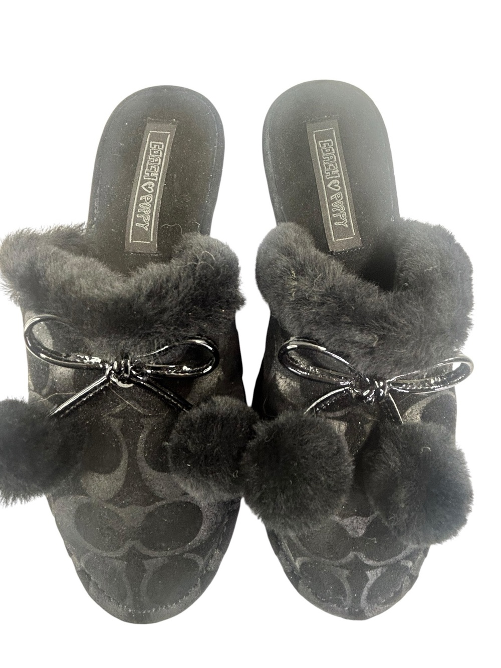 Vintage Coach Poppy Jayda Black Signature C Jacquard Fur Slippers Bows Y2K - Picture 2 of 7